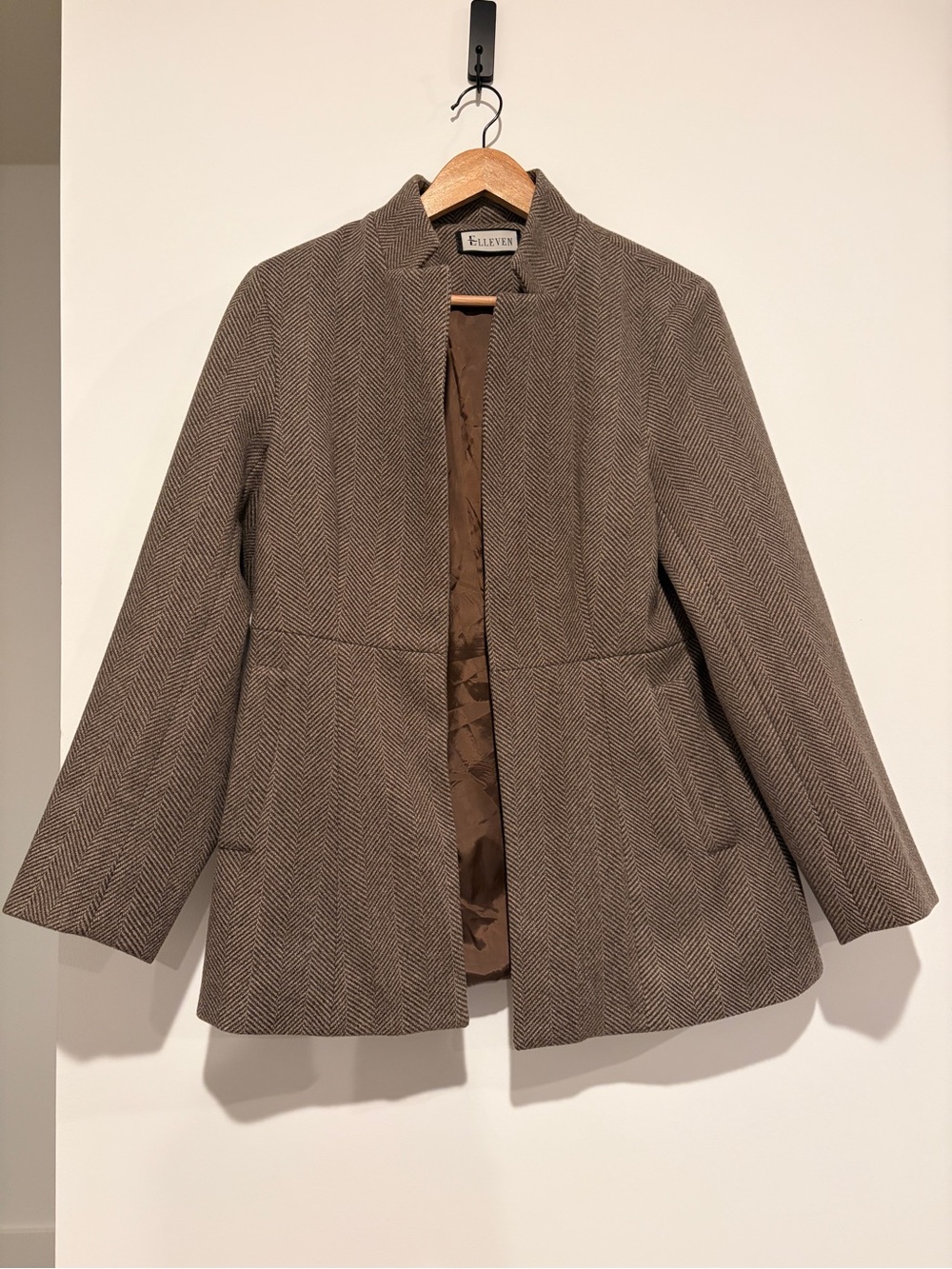 Elleven L Brown Herringbone Stand Collar Peacoat Jacket